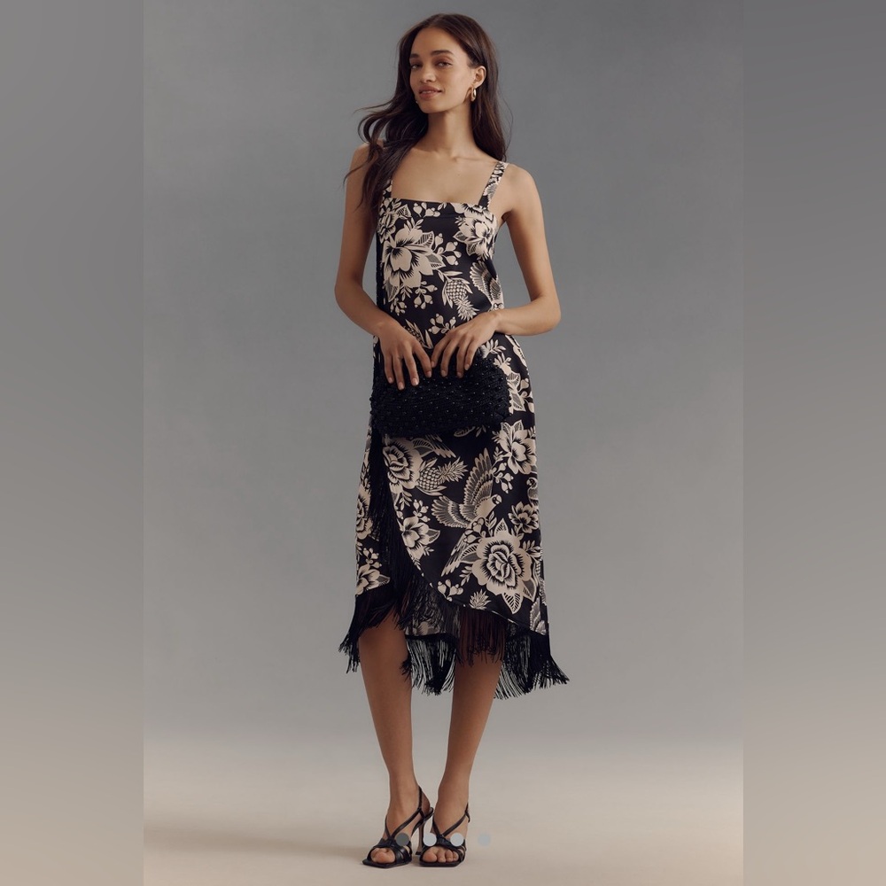 Anthropologie Farm Rio Sleeveless Square-Neckline
Fringe Midi Dress